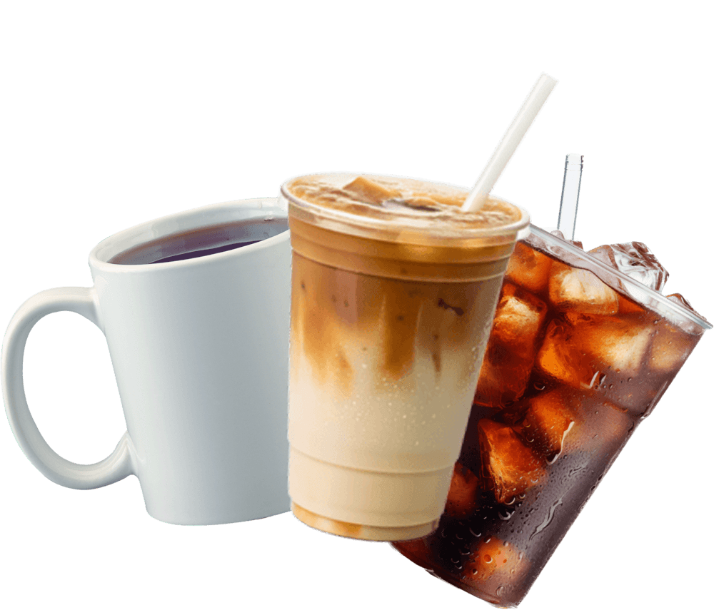 A mug of coffee, an iced latte, and an iced coffee