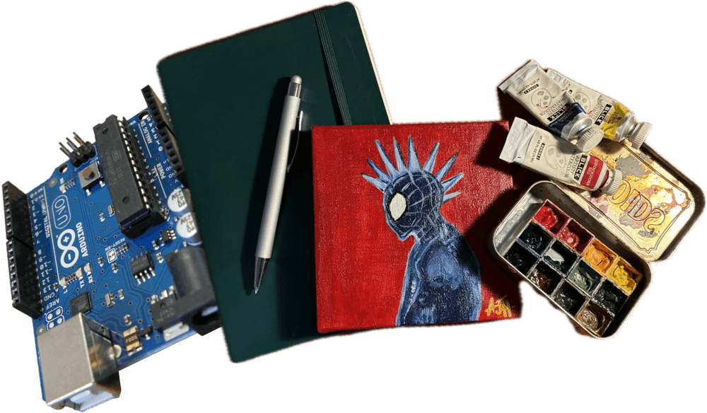 An Arduino board, a notebook and pen, a painting, and a watercolor set