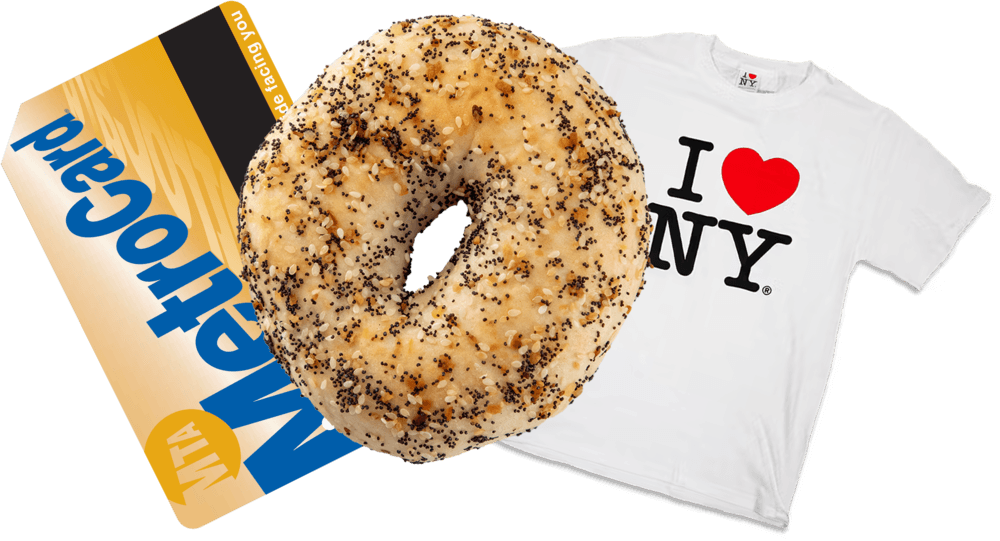 A MetroCard, an everything bagel, and an I ♥ NY shirt