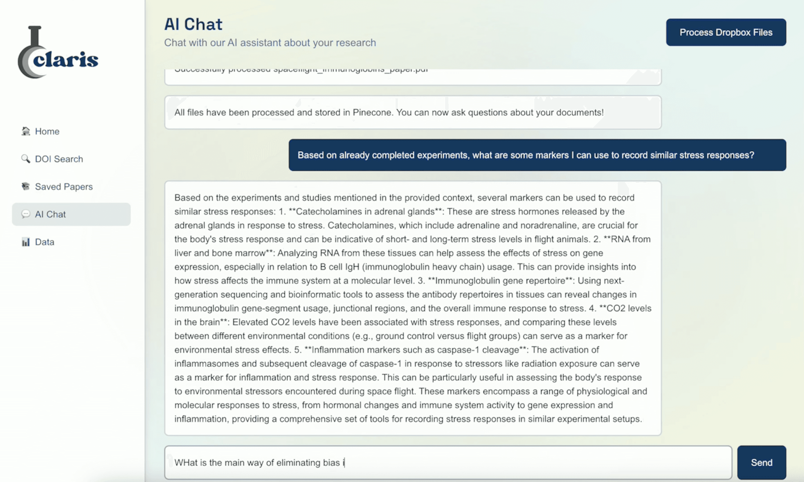 AI Chat answering a question about stress markers, drawing on the processed papers