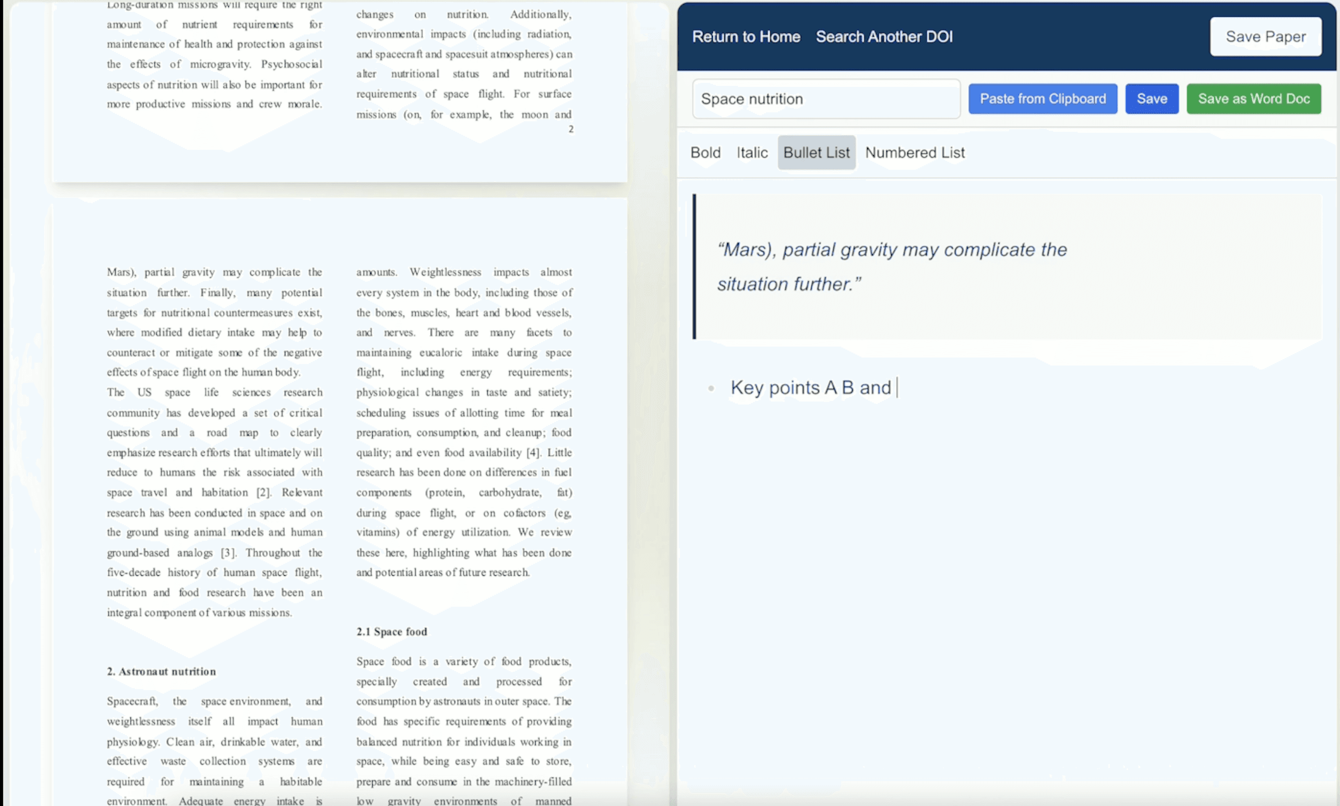 The PDF annotator: a paper on the left and a rich-text editor on the right, with a quoted passage set apart from the researcher’s bullet notes