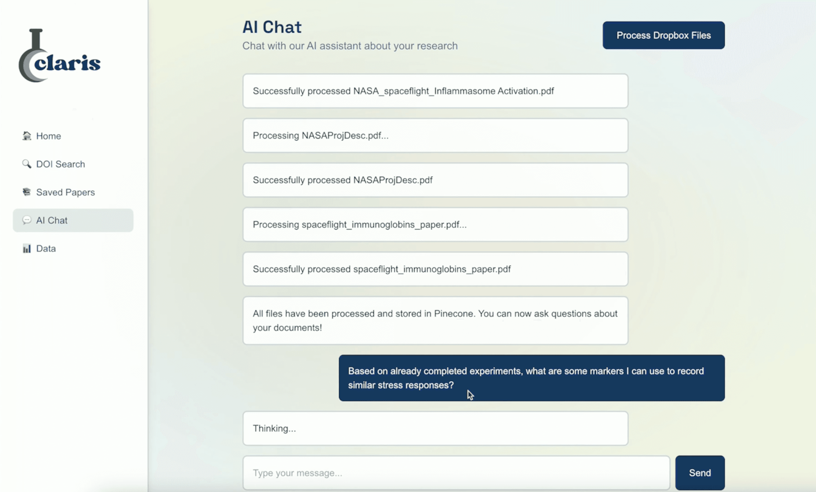 AI Chat processing a lab’s files one by one before a question is answered