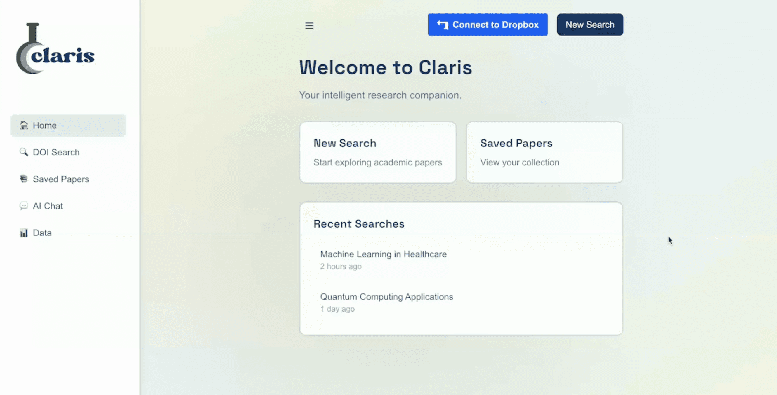 The Claris home screen: a sidebar with Home, DOI Search, Saved Papers, AI Chat, and Data, beside cards for a new search, saved papers, and recent searches