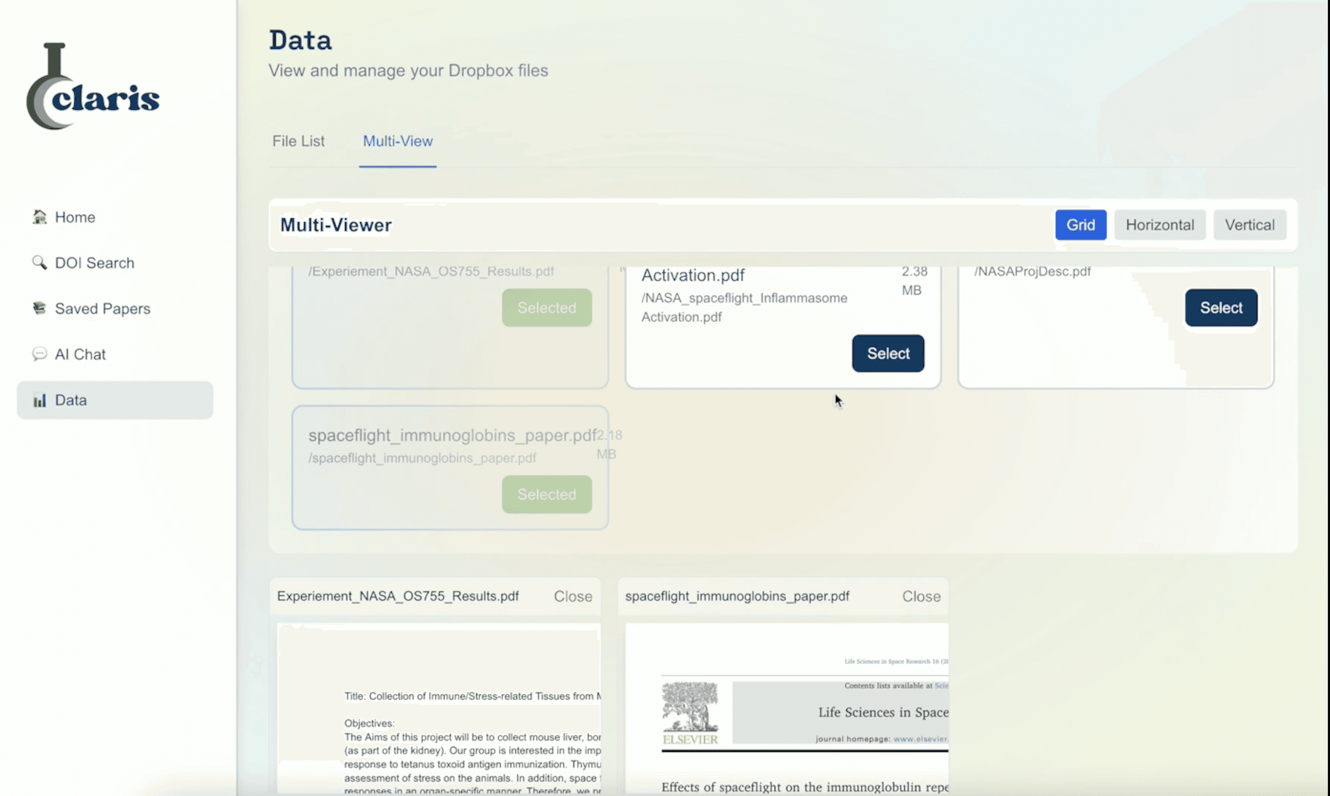 The Data page’s Multi-View: a lab’s Dropbox PDFs selected from a grid and opened side by side