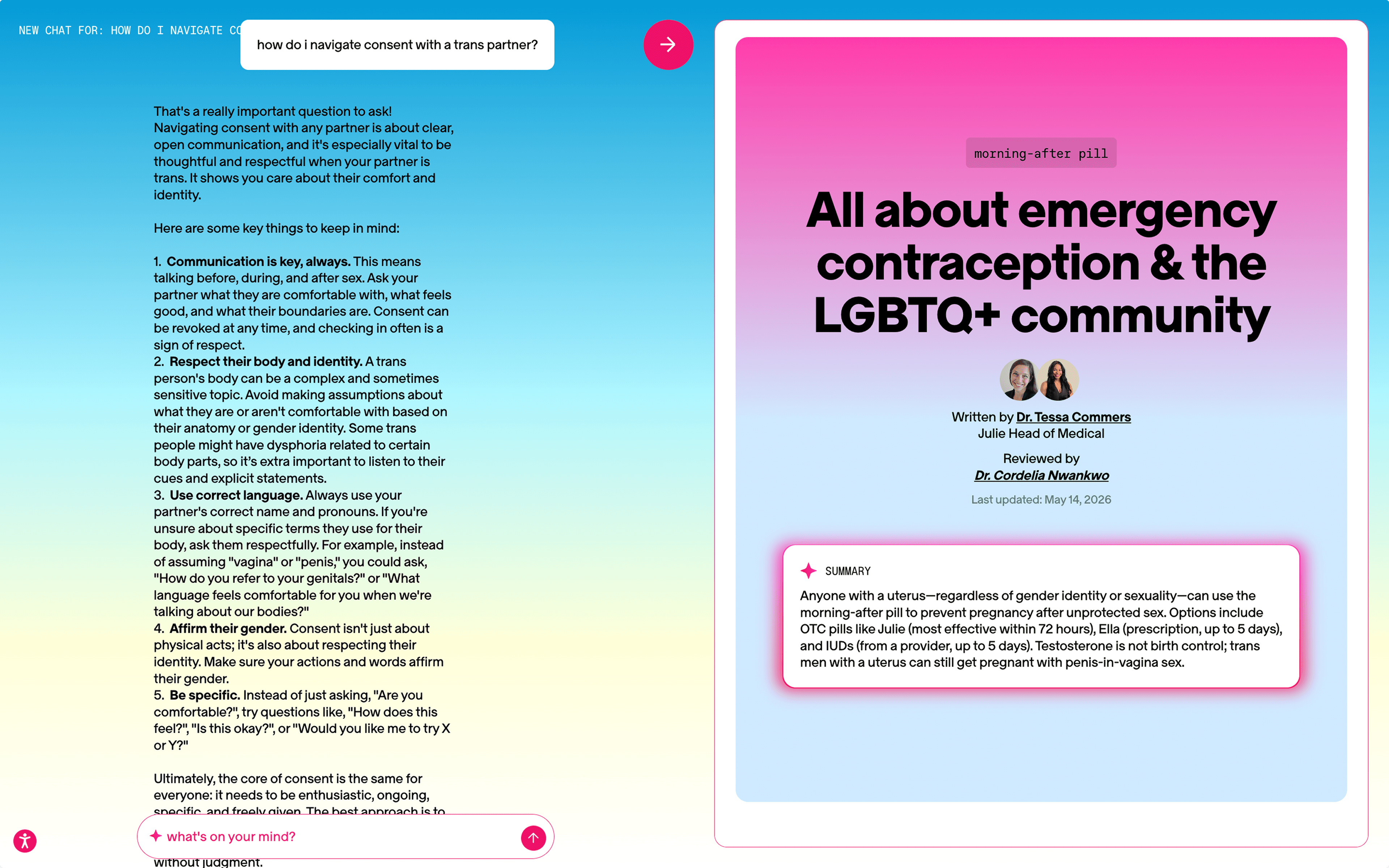 Ask Julie chat answering a question about consent, beside a cited article on emergency contraception and the LGBTQ+ community