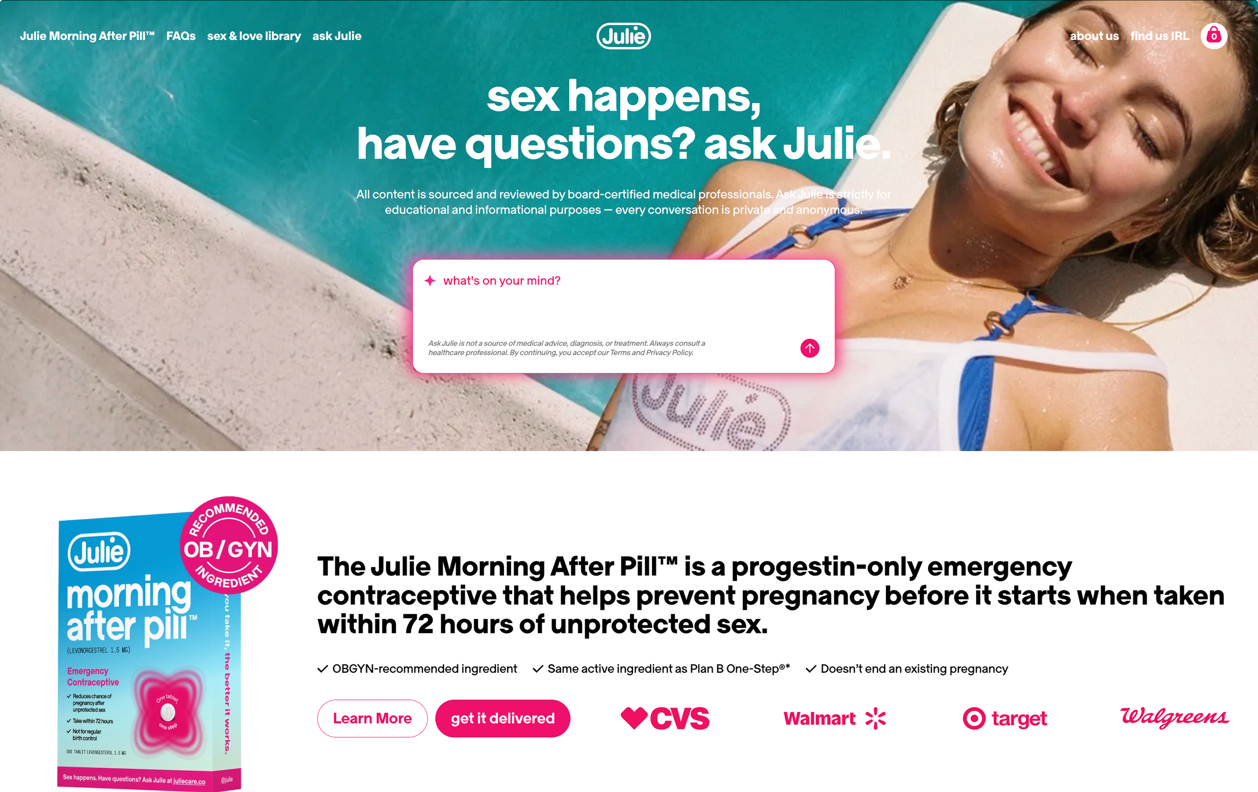 Julie home page: a pool photo hero with “sex happens, have questions? ask Julie.” and an Ask Julie prompt, above the Morning After Pill