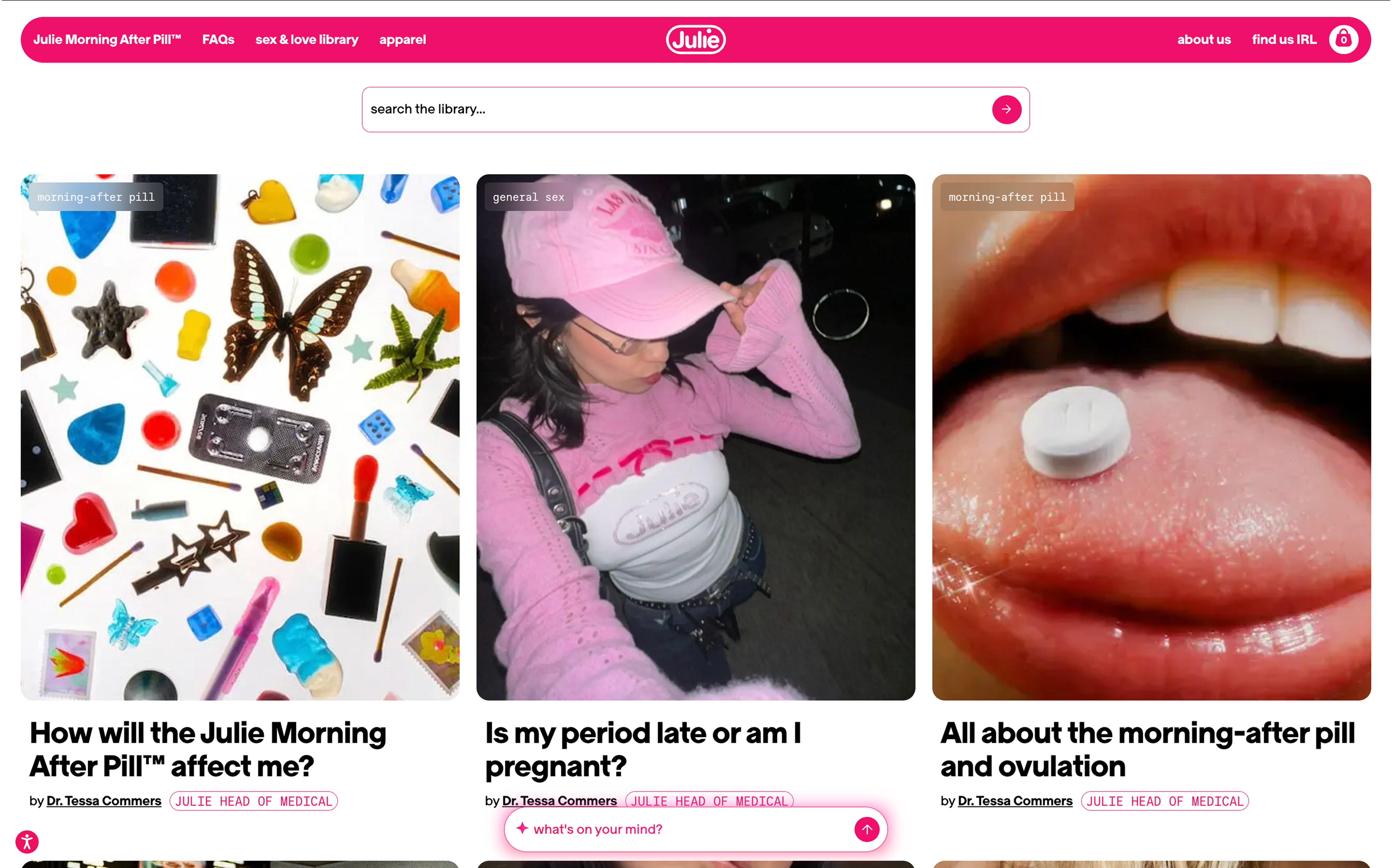 Sex & love library: a search bar above article cards with topic tags, titles, and author credential tags