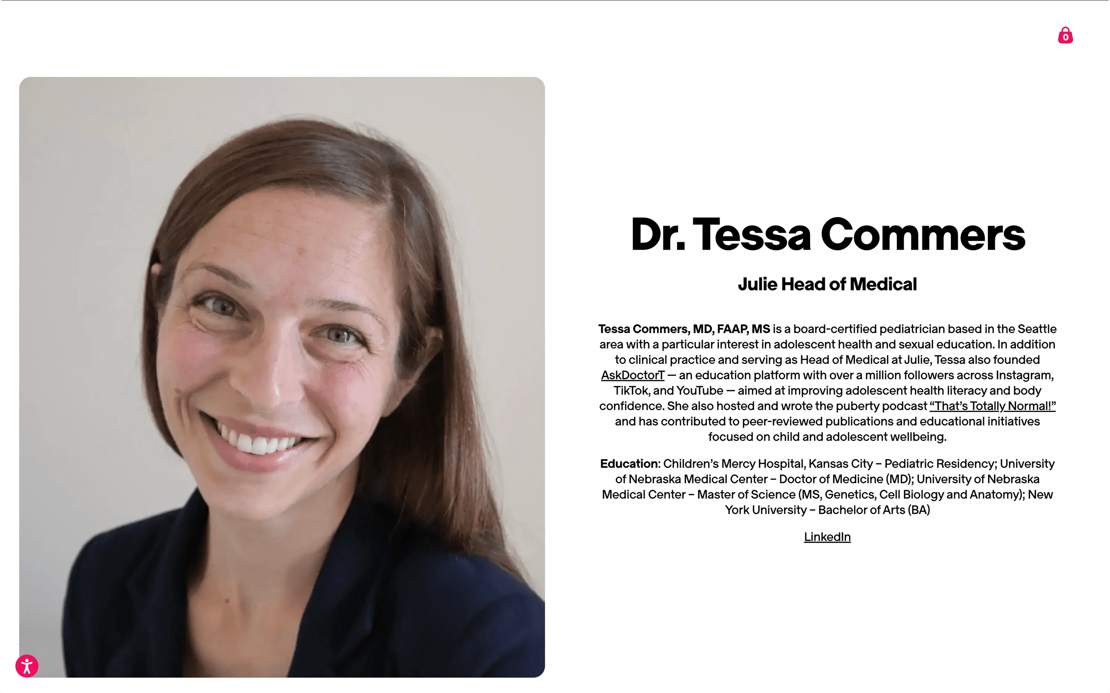 Medical profile page for Dr. Tessa Commers, Julie Head of Medical, with a headshot, bio, and education