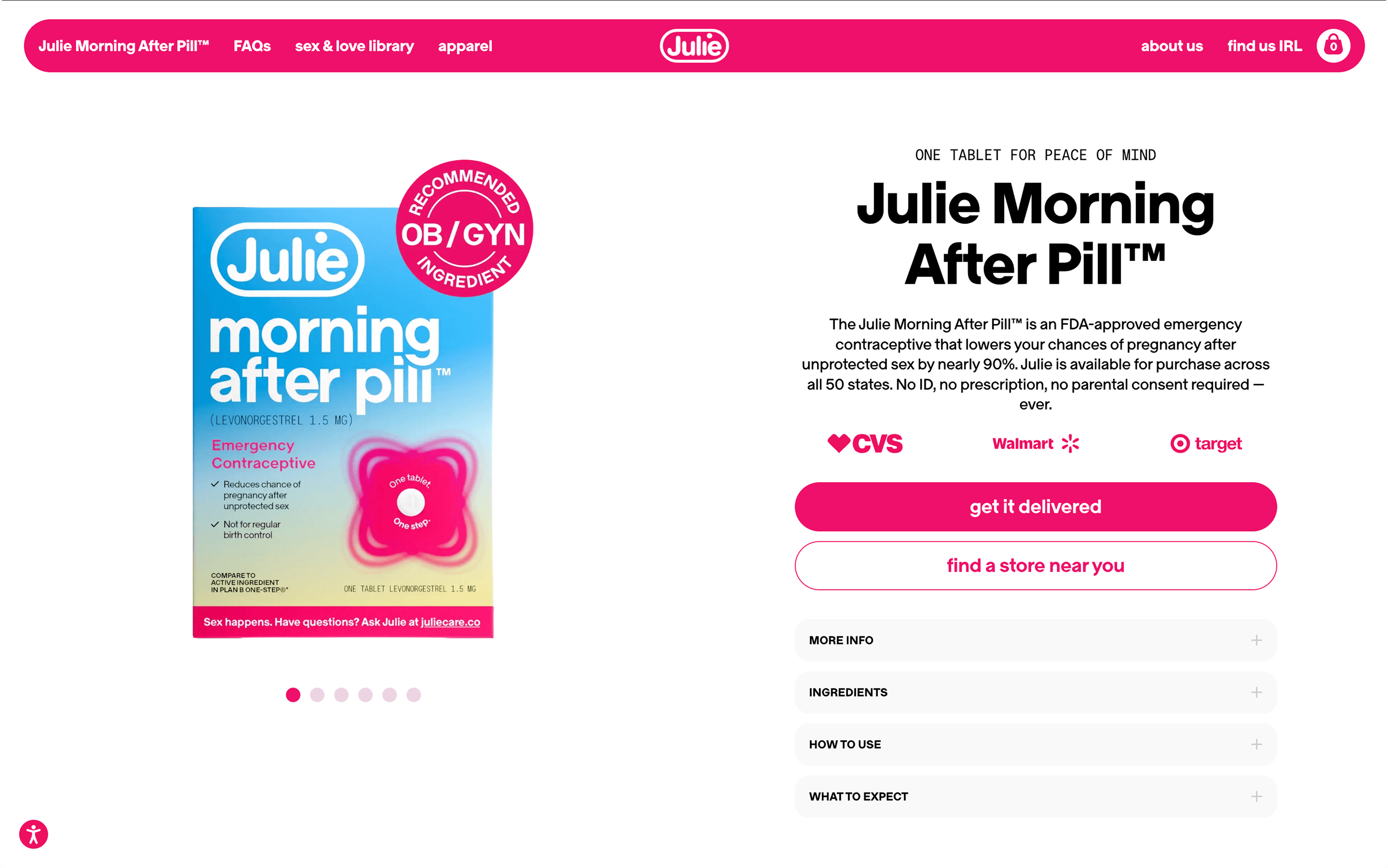 Julie Morning After Pill product page with the blue box, retailer logos, and expandable info drawers