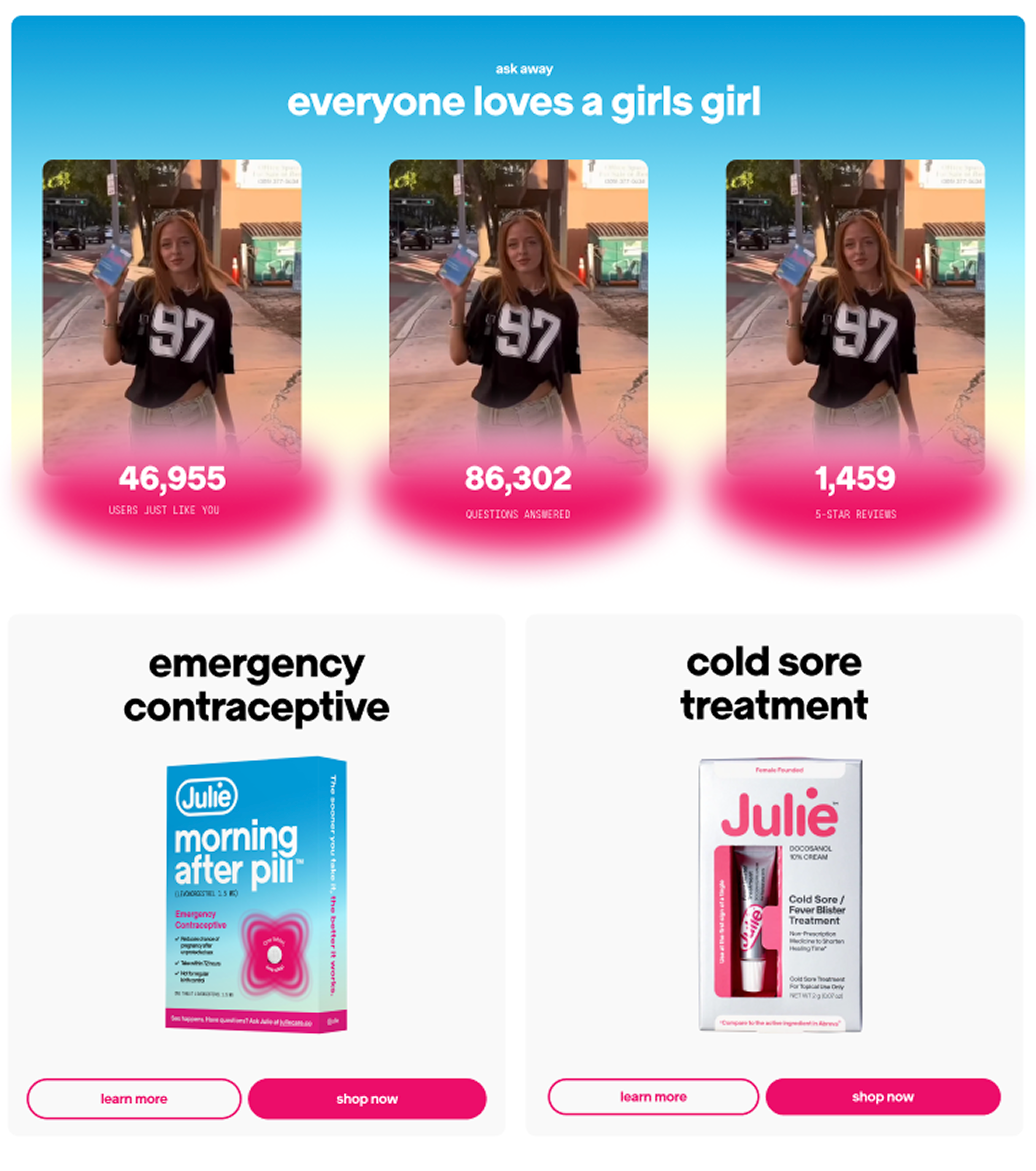 Blue gradient stats section above emergency contraceptive and cold sore product cards