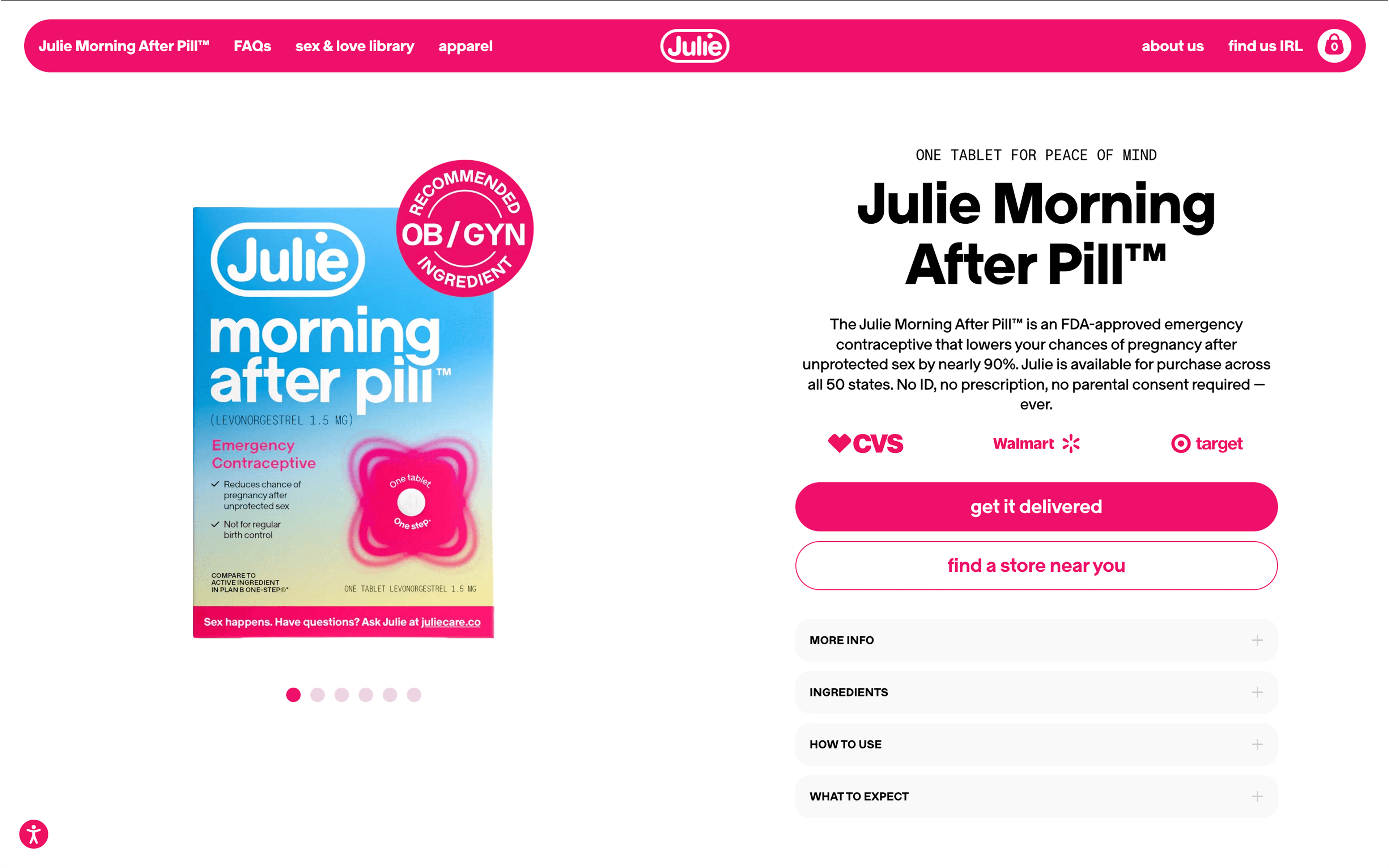 Final Julie Morning After Pill product page with a pink nav and blue gradient packaging