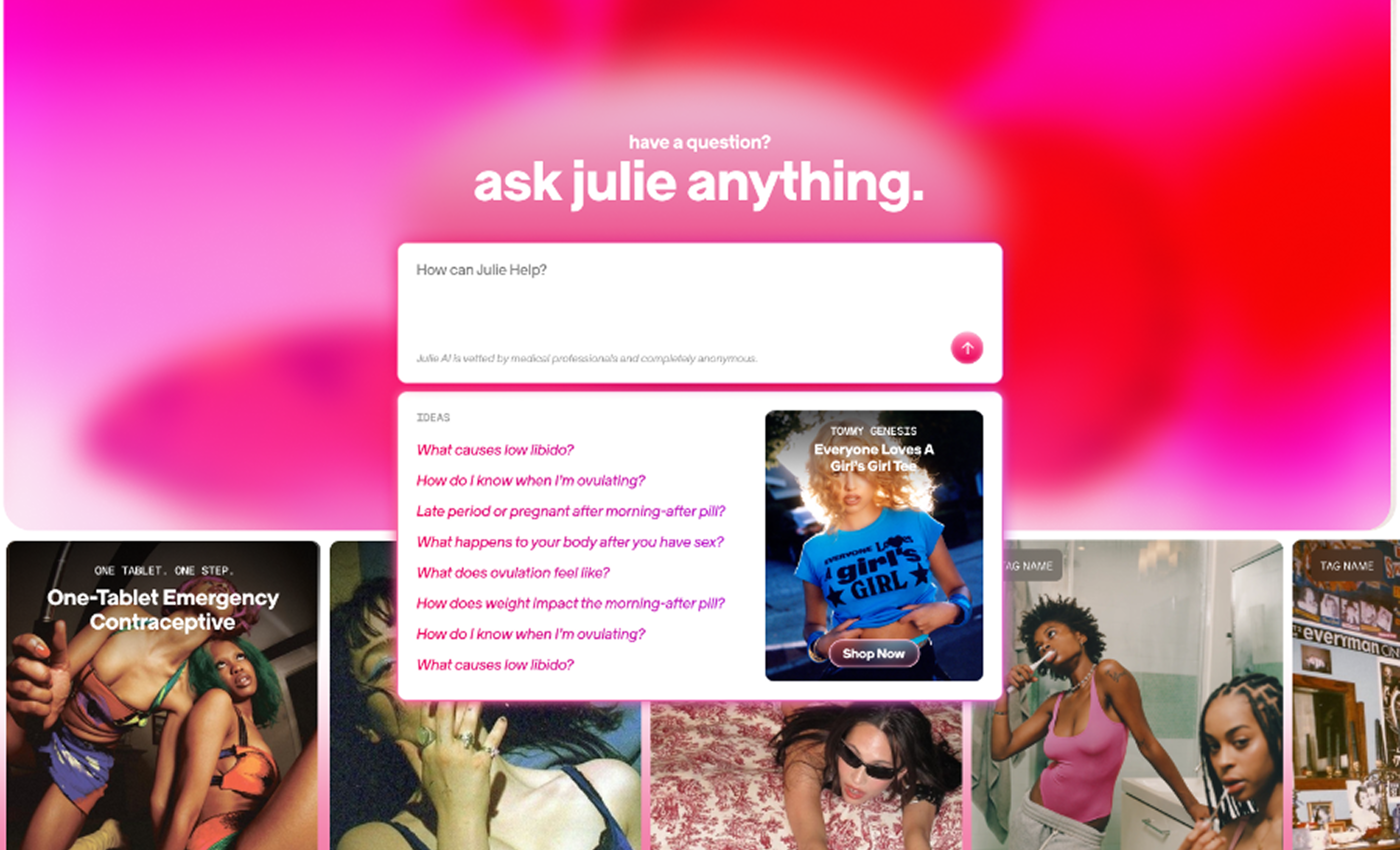 Ask Julie AI hero on a saturated pink and red gradient above bright article covers
