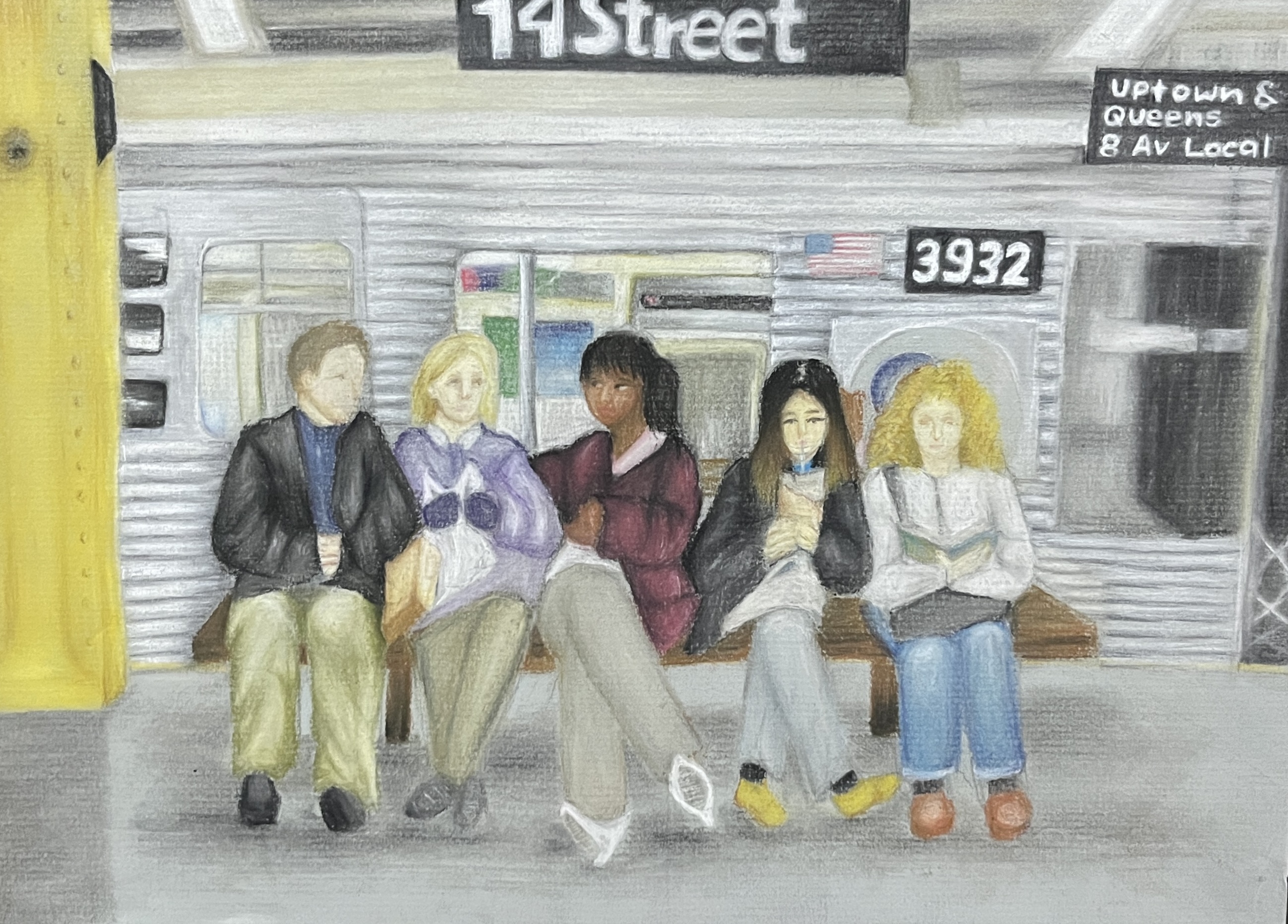 Colored pencil illustration of five people on a bench at 14 Street subway station