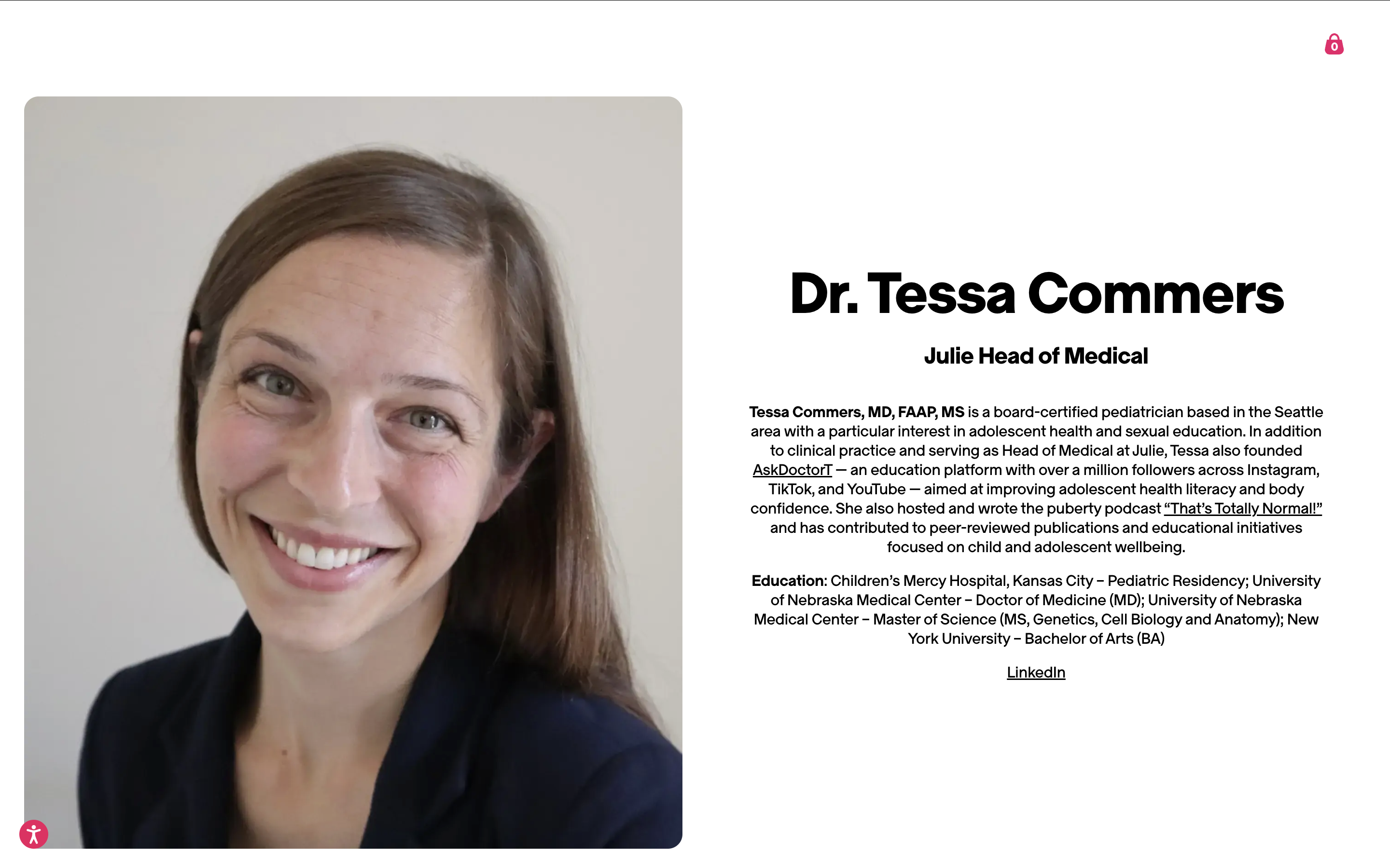 Final medical team page featuring Dr. Tessa, with credentials and bio.