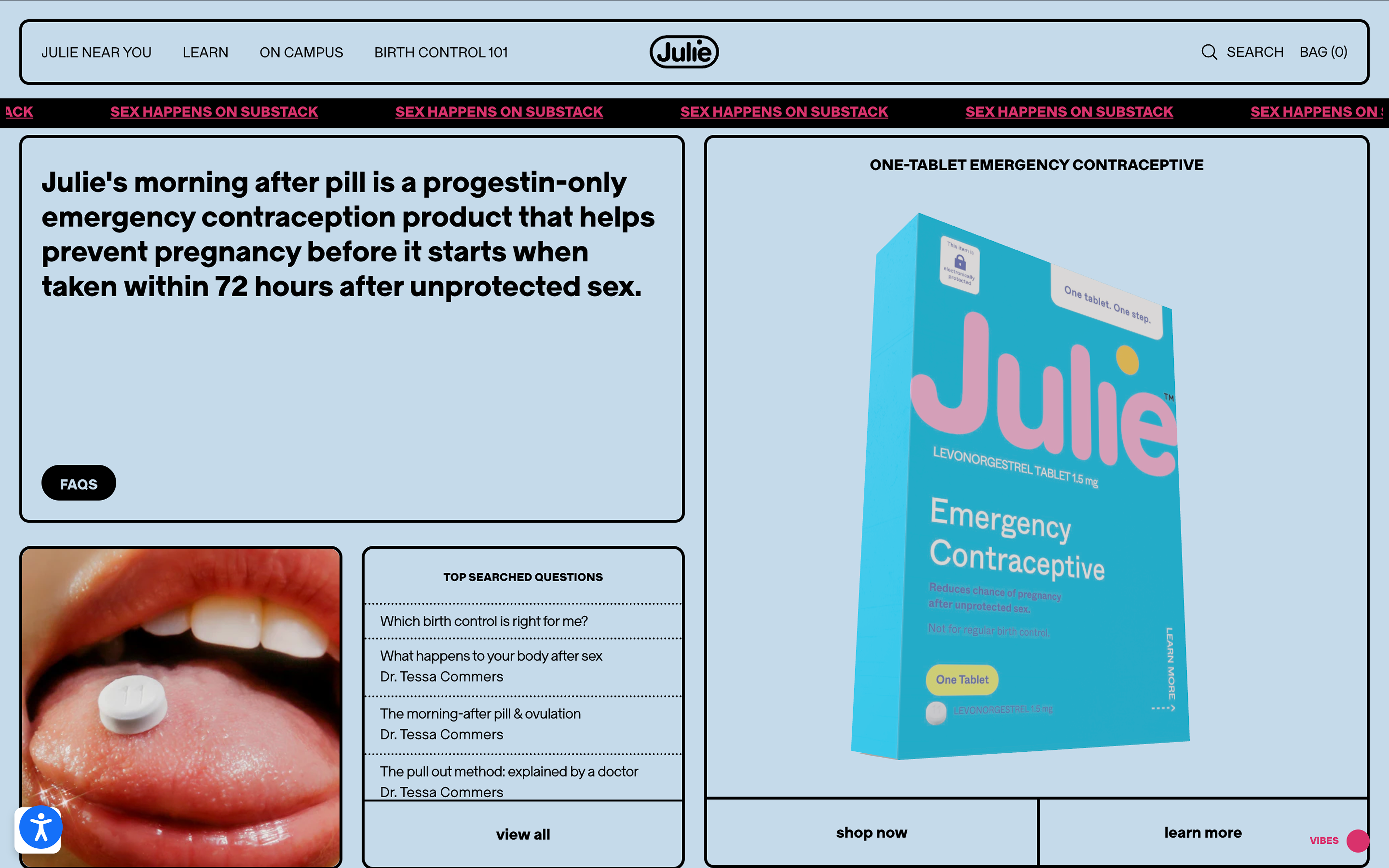 Original Julie home page focused on the EC pill.