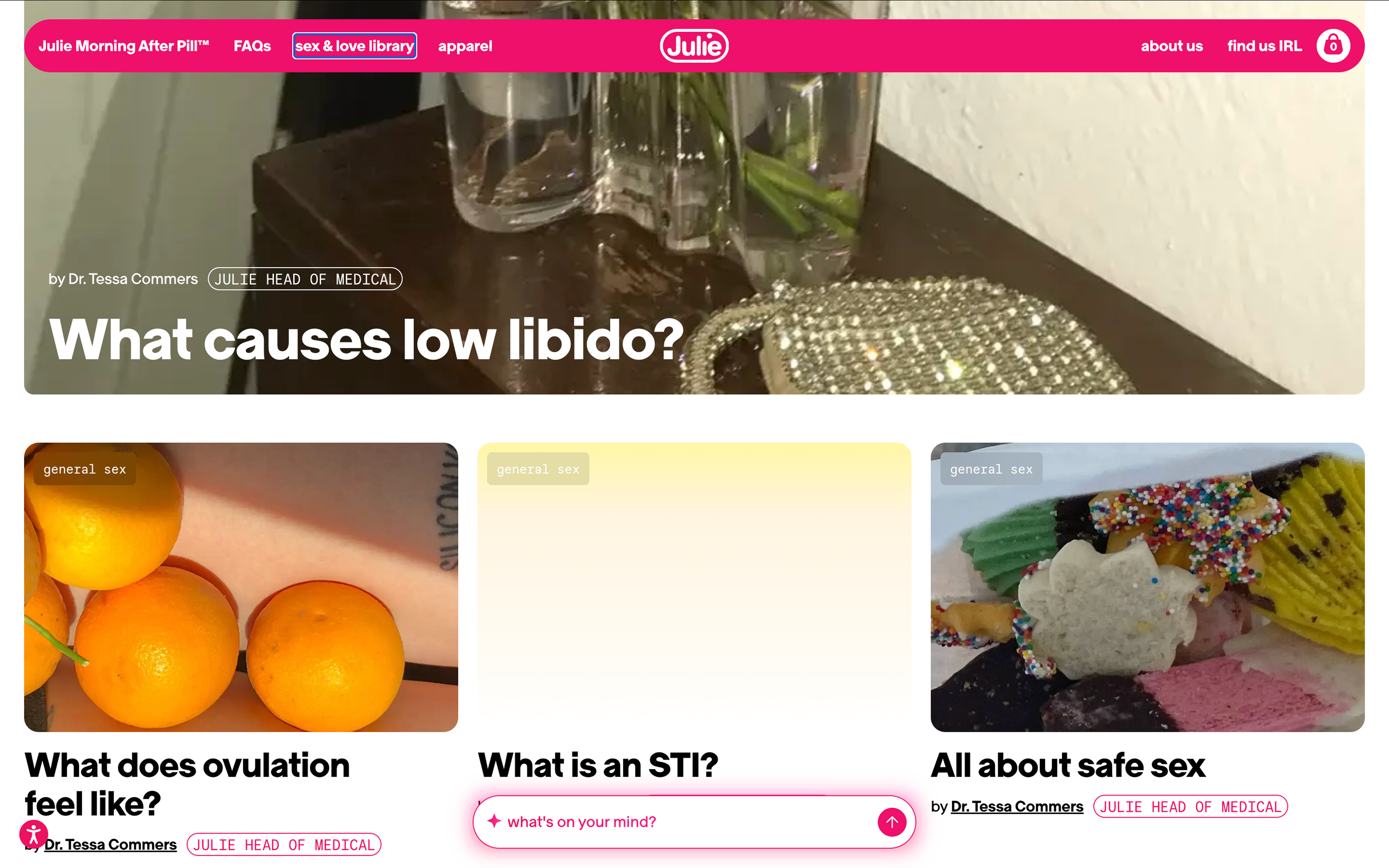 Article library grid with tags, titles, and author credential tags.