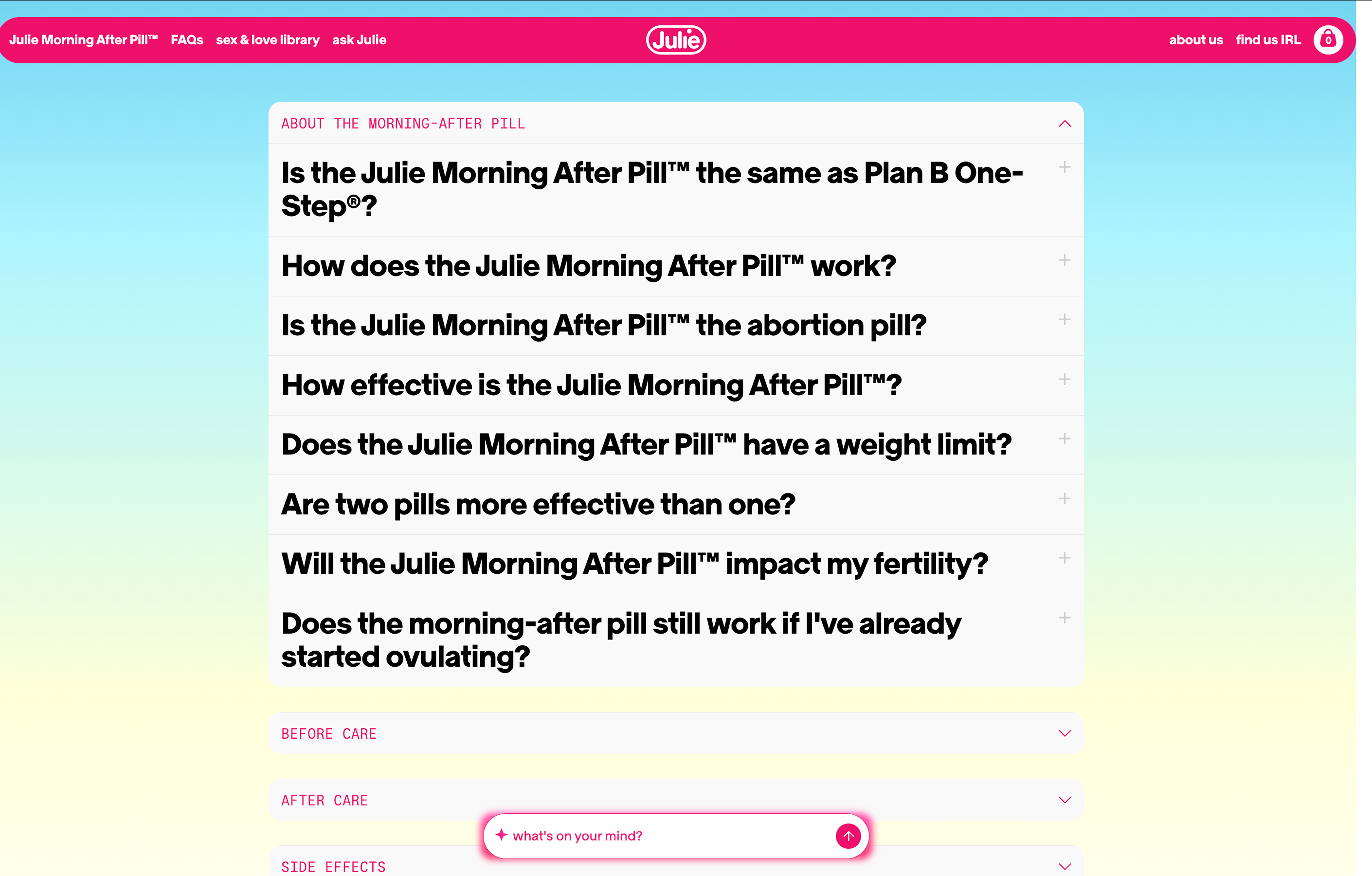 Final FAQ with collapsible drawers organized by subject.